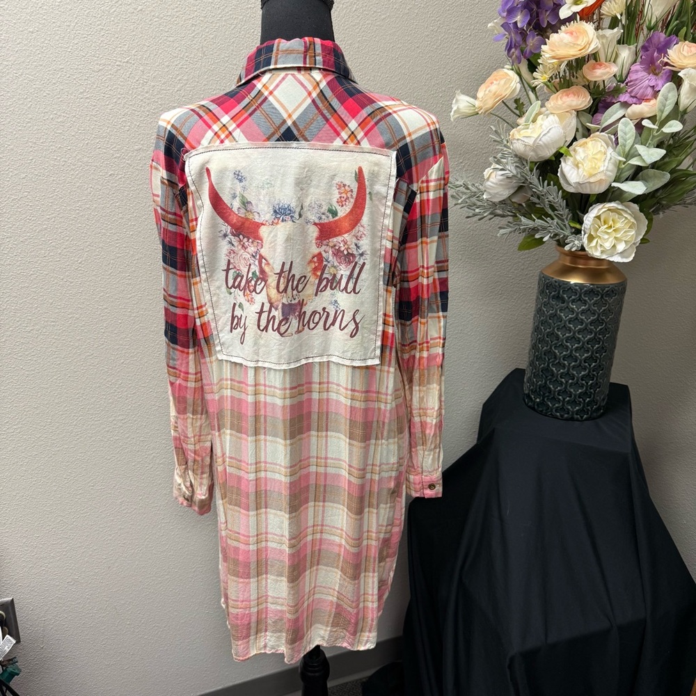 Boho Jane Plaid Longline Shirt Dress w/ Graphic Back “Take the Bull” - Picture 3 of 6